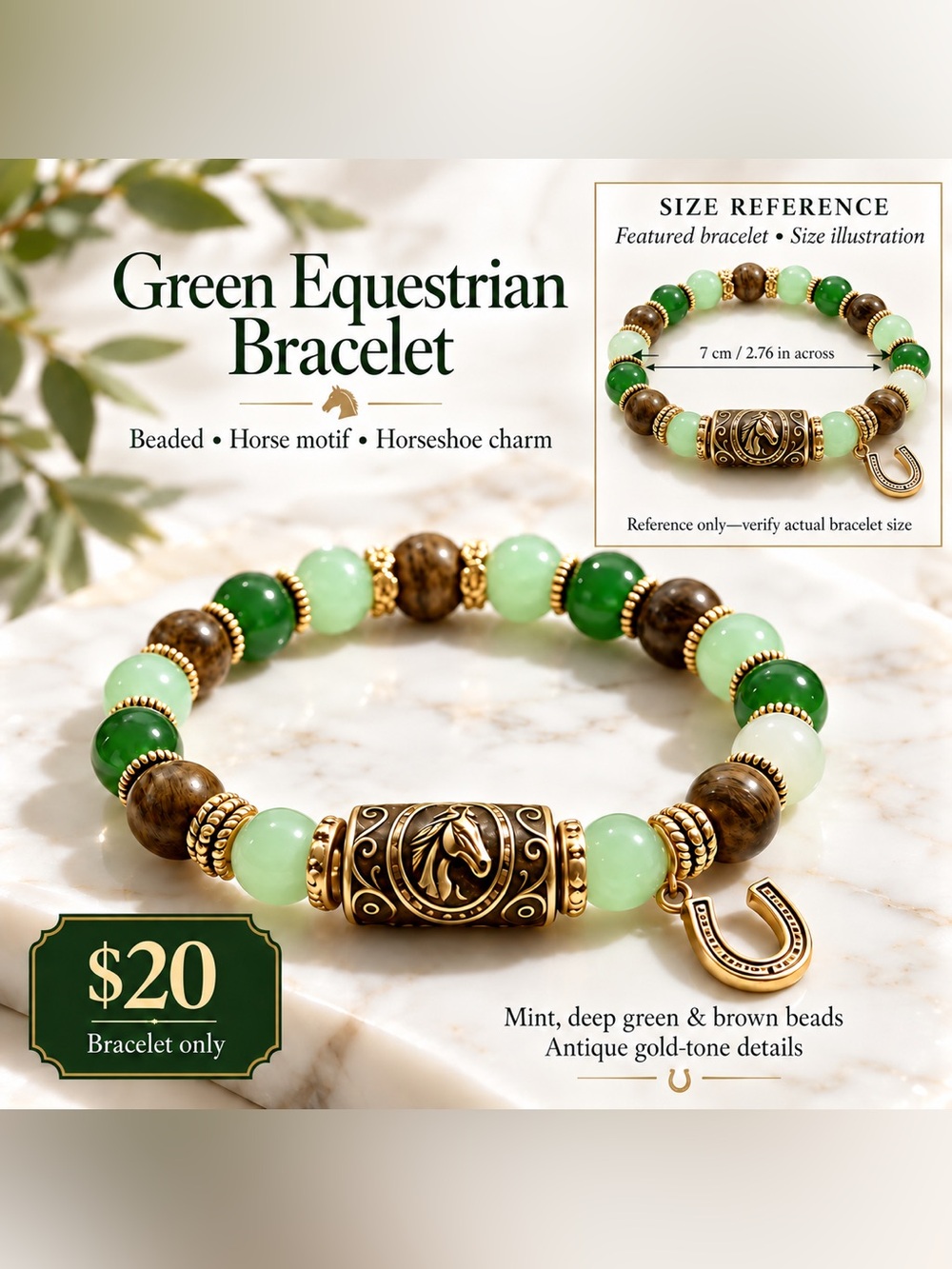 Green Beaded Horse Bracelet
